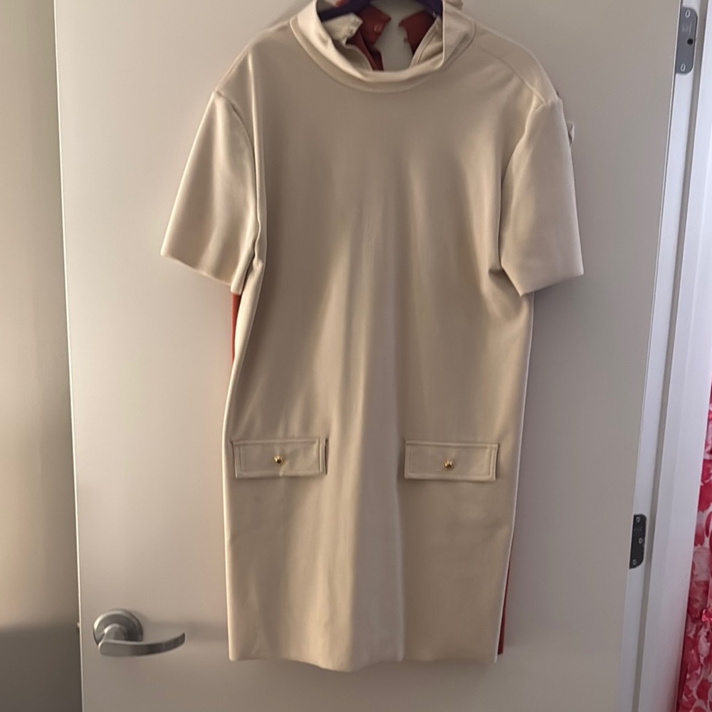 Beige Short Sleeve Dress with Pockets